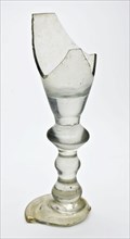 Hand-blown goblet or trumpet glass, colorless clear glass, balustere stem, pontilmark, drinking glass drinking utensils