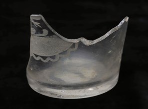 Two fragments of beakers, clear glass, radar engraving and text, pontilmark, beaker glass container holder soil find glass