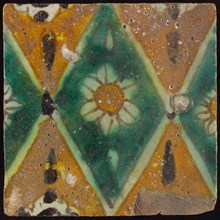 Floor tile, brown draft, green and yellow on white ground, central green oblique glass in which white flower with yellow heart