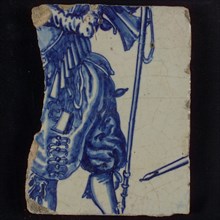 Tile of tableau with in blue torso of soldier, tile picture footage fragment ceramics pottery glaze, baked 2x glazed painted