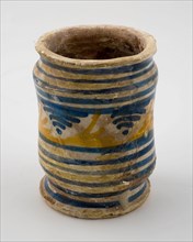 Majolica albarello on stand with polychrome decor in blue and orange yellow, albarello holder soil find ceramic earthenware
