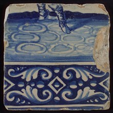 Tile of tableau with in blue feet and decorated border, tile picture footage fragment ceramic pottery glaze, baked 2x glazed