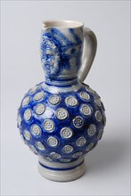 Stoneware jug with ear, belly with imposed rosettes, neck with mask, jug crockery holder ceramic stoneware glaze salt glaze