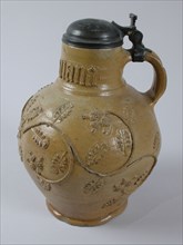 Stoneware jug with tin lid, on the neck MARIA in Gothic letters, oak branches, bullet dispenser jug crockery holder ceramic