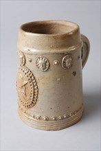 Stoneware beer mug or 'humpe', conical model, appliqué of man with hat, mug drinking bowl tableware holder soil find ceramic