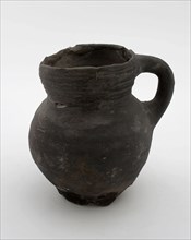 Unglazed jug with ear, rings on straight neck, convex belly on pinched foot, jug crockery holder soil find ceramic pottery, hand