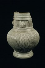 Stoneware bell jar with kerfsnice decor, neck with two masks, Bullet pewter jug crockery holder soil find ceramic stoneware