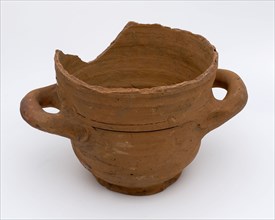 Pottery flower pot on stand with two horizontal sausage ears and seven holes in the bottom, flower pot holder soil find ceramic