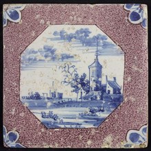 Scene tile purple sprinkled tile, cityscape, corner motif quarter rosette, wall tile tile sculpture ceramic earthenware glaze