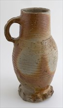 Stoneware jug, cylindrical neck, pinched foot, glaze stains, jug crockery holder soil find ceramic stoneware glaze salt glaze