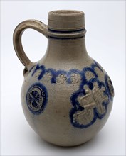 Stoneware jug with lions, rosettes as appliqués and stamped flowers, bulletbay pot crockery holder soil find ceramic stoneware
