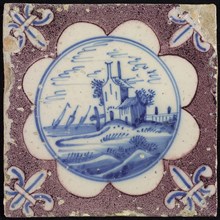 Scene tile, purple tile, house on hill and sailing boats, corner motif lily, wall tile tile sculpture ceramic earthenware glaze