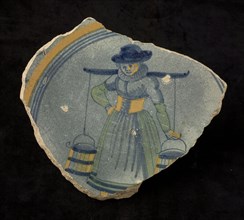 Fragment majolica dish with polychrome representation, woman with yoke, dish crockery holder soil find ceramic earthenware glaze
