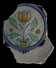 Fragment majolica dish, polychrome, image of tulip on ground, plate crockery holder soil find ceramic earthenware glaze lead