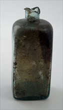 Square (medicine?) Bottle with round shoulders and straight neck, medicine bottle? bottle holder soil find glass, free blown