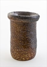 Stoneware ointment jar, cylindrical model, gray and brown speckled glazed, ointment jar pot holder soil find ceramic stoneware