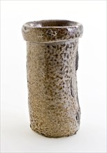 Stoneware ointment jar, cylindrical model, gray and brown mottled glazed, ointment jar holder soil find ceramic stoneware glaze