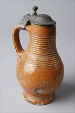 Small stoneware jug with tin lid, rings around the neck, jug crockery holder soil find ceramic stoneware glaze salt glaze tin