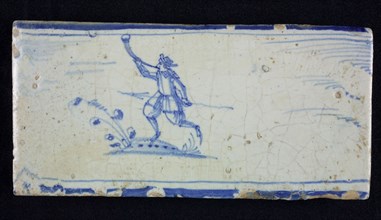 Border tile, blue, man with spear and horn, edge tile wall tile tile sculpture ceramic earthenware glaze, baked 2x glazed