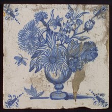 White tile with blue bouquet in flower pot, corner pattern flower, wall tile tile sculpture ceramic earthenware glaze, baked 2x