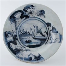 Faience dish on wide stand ring, monochrome landscape in blue, dish plate crockery holder soil find ceramic earthenware glaze