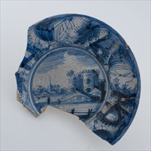 Faience plate on wide stand ring, with landscape in mirror and rim, Chinese decor on the bottom, plate dish crockery holder