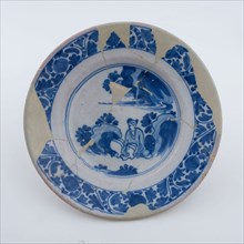 Faience plate on narrow stand ring, as decoration Chinese landscape with figure, plate dish crockery holder soil find ceramics