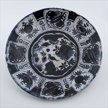 Dish on wide stand ring with the Chinese garden in black-blue Wanli decor, dish plate crockery holder soil find ceramic