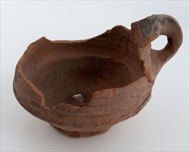 Earthenware flowerpot on stand, with squeezed band ear, holes in the bottom, unglazed, pot holder pottery earthenware ceramic