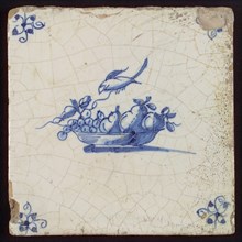 White tile with blue fruit basket with bird, corner motif spider, wall tile tile sculpture ceramic earthenware glaze, baked 2x