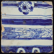 Tile of chimney pilaster, blue on white, four blue bands, one with whimsical lines, on one side five-bladed flower, chimney