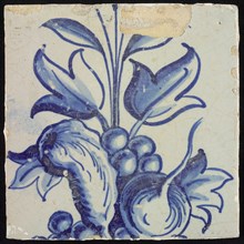 Tile of chimney pilaster, blue on white, below and above continuous part of floral representation with leaves and fruits