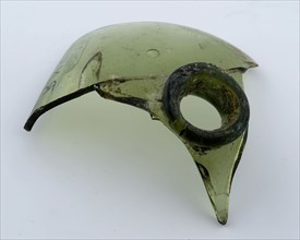Two fragments of green square bottle, piece of shoulder with neck opening, bottom, bottle holder soil find glass bottom, free