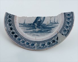 Blue-and-white faience plate on stand, flat flag, decor with rigged sailing ship, plate crockery holder fragment earthenware