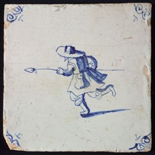White tile with blue warrior with spear, takes the lead; corner pattern ox head, wall tile tile sculpture ceramic earthenware