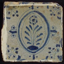 White tile with in blue flower in oval frame; corner motif triptych, wall tile tile sculpture ceramic earthenware glaze, baked