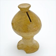 Yellow pottery money box, convex cone on stand foot, money box holder soil find ceramic earthenware glaze lead glaze, hand