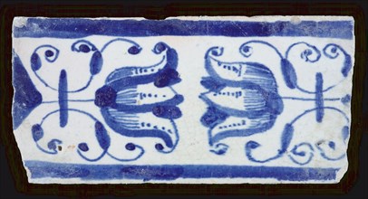 Border tile with tulips, blue, edge tile wall tile tile sculpture ceramic earthenware glaze, baked 2x glazed painted Rectangular
