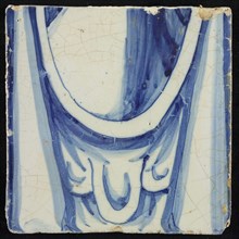 Tile of chimney pilaster, blue on white, chin and neck along which part of pleated lap, chimney pilaster tile pilaster footage
