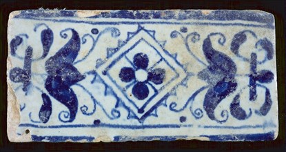 Border tile with flower and small square, blue, edge tile wall tile tile sculpture ceramic earthenware glaze, baked 2x glazed