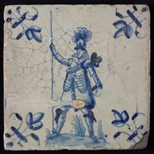 White tile with blue warrior, corner pattern lily, wall tile tile sculpture ceramics pottery glaze, baked 2x glazed painted