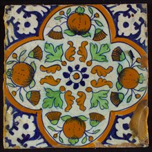 Ornament tile or pompadrain tile, corner pattern palmet, wall tile tile sculpture ceramic earthenware glaze, baked 2x glazed