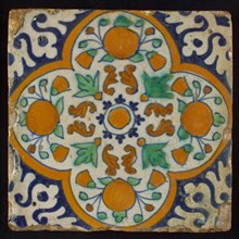Ornament tile, orange and marigolds, four-sided frame, corner motif, wall tile tile sculpture ceramic earthenware glaze, baked