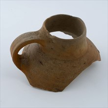 Fragment stoneware jug with short neck and broad band ear, salt glaze, water jug crockery holder soil find ceramic stoneware