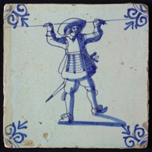 White tile with blue warrior; corner pattern ox head, wall tile tile sculpture ceramic earthenware glaze, baked 2x glazed