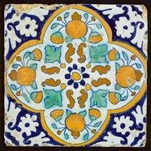 Ornament tile corner pattern palmet, wall tile tile sculpture ceramic earthenware glaze, baked 2x glazed painted Square ruddy