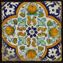 Ornament tile or pompadrain tile, corner pattern palmet, wall tile tile sculpture ceramic earthenware glaze, baked 2x glazed