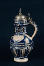 Westerwald stoneware fopkan, pichet trompeur, puzzle jug with ajour neck, kerbschnitt and tin lid, fopkan, pichet trompeur