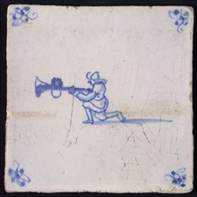 White tile with blue kneeling warrior; corner motif spider, wall tile tile sculpture ceramic earthenware glaze, baked 2x glazed