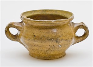 Yellow glazed pot with two ears, on stand, pot holder soil find ceramic earthenware glaze lead glaze, hand-turned glazed baked